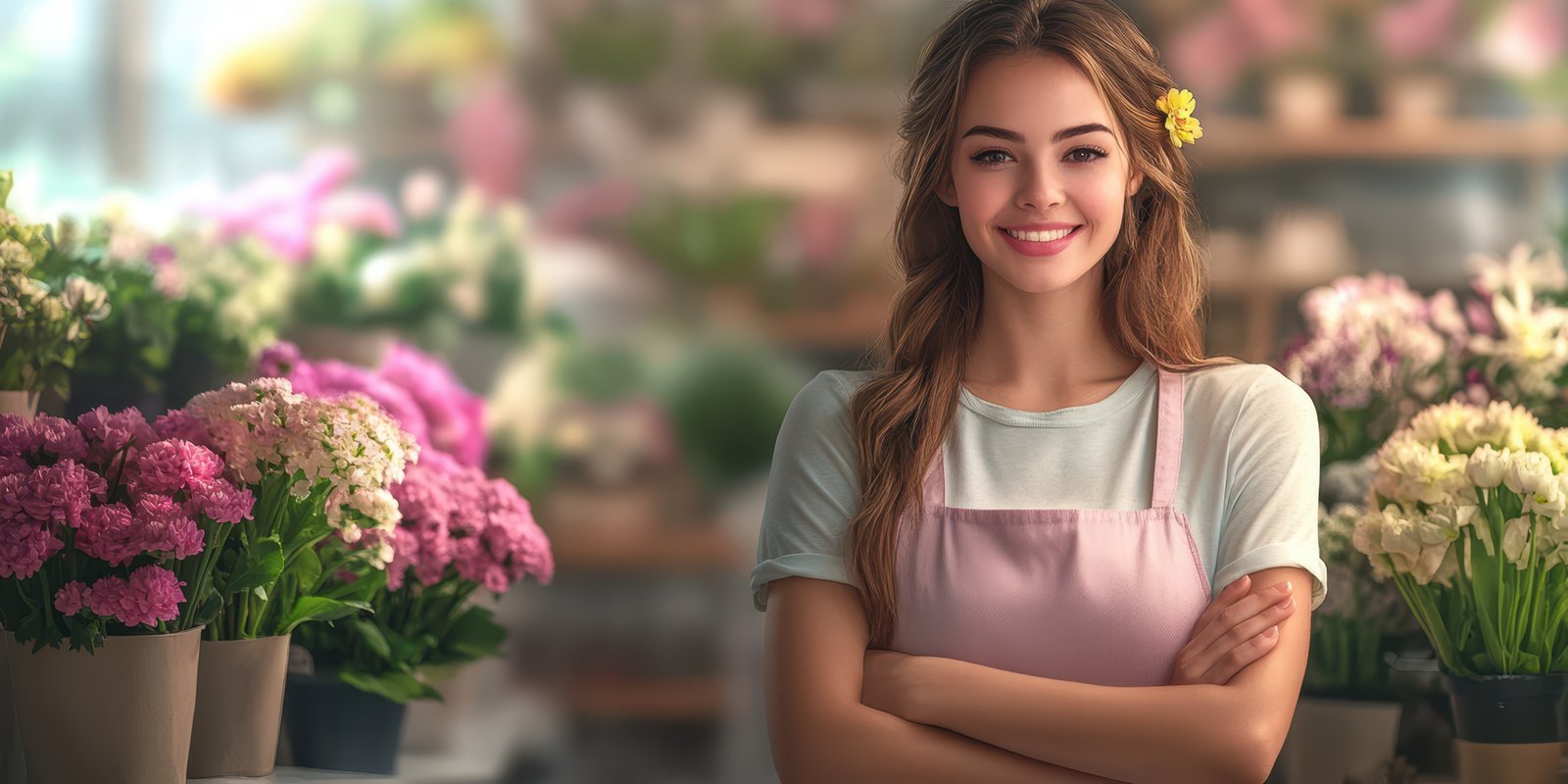 Smiling florist in a vibrant flower shop surrounded by colorful blooms on a sunny afternoon